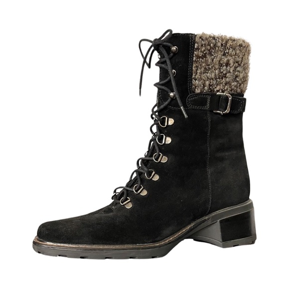 Aquatalia black suede, Lace Up, lug sole booties Moto Combat bouclé lined - Picture 1 of 12